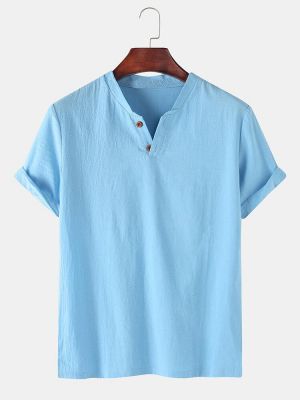 Herren 100% Baumwolle Einfarbig Kurzarm Casual Henley Shirts